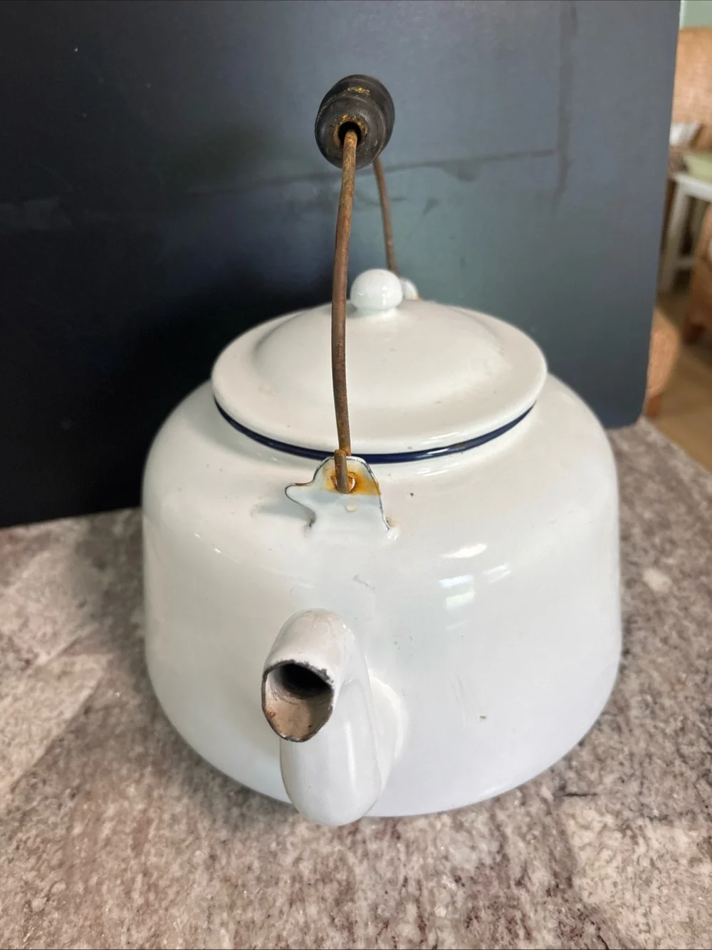 Vintage Large Enamel Tea Kettle Pot White  Ware W/ Wood Handle, Lid Farmhouse